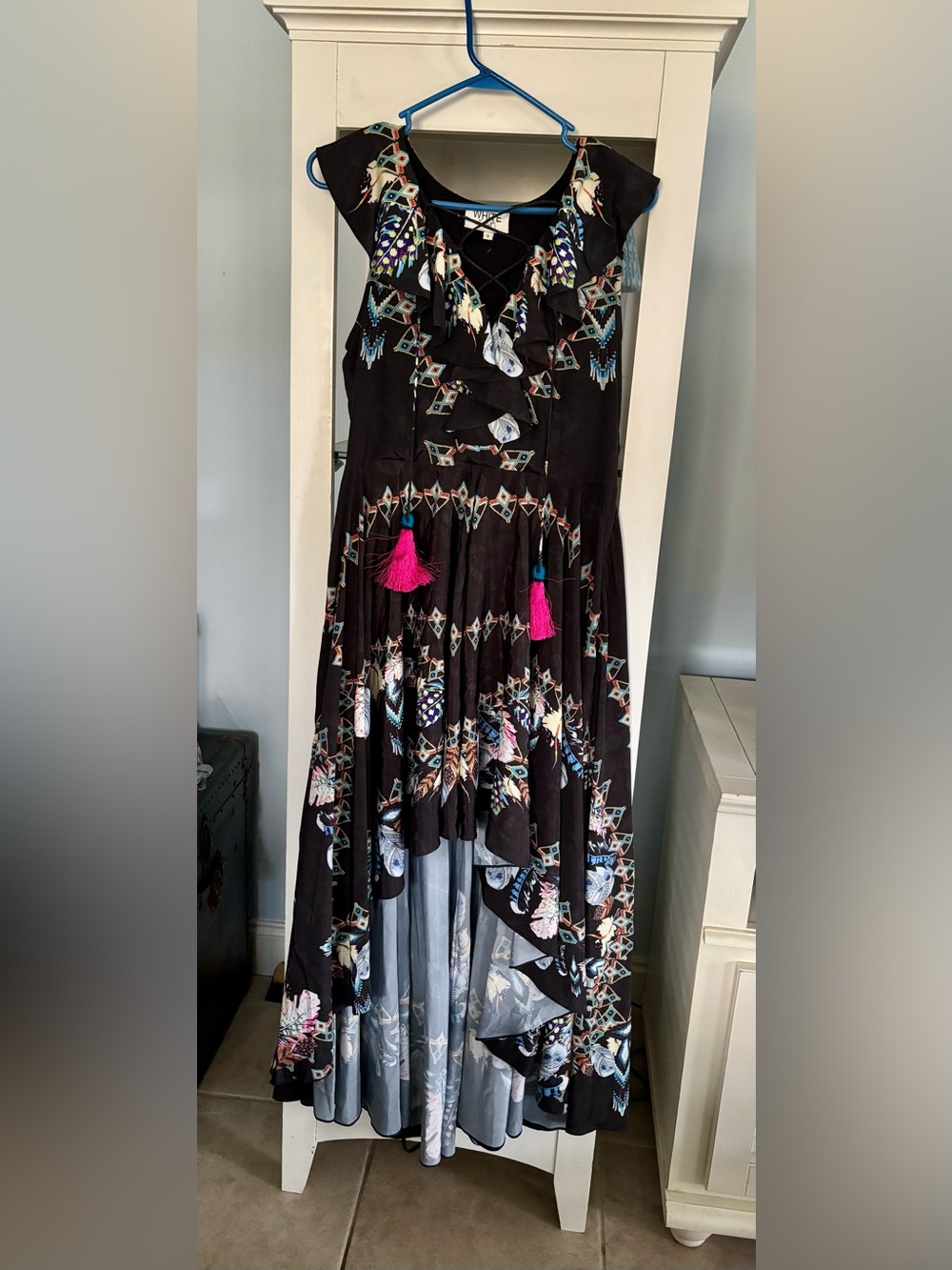 White Sand 12 Bohemian Black Floral Embroidered Maxi Dress with Pink Tassels